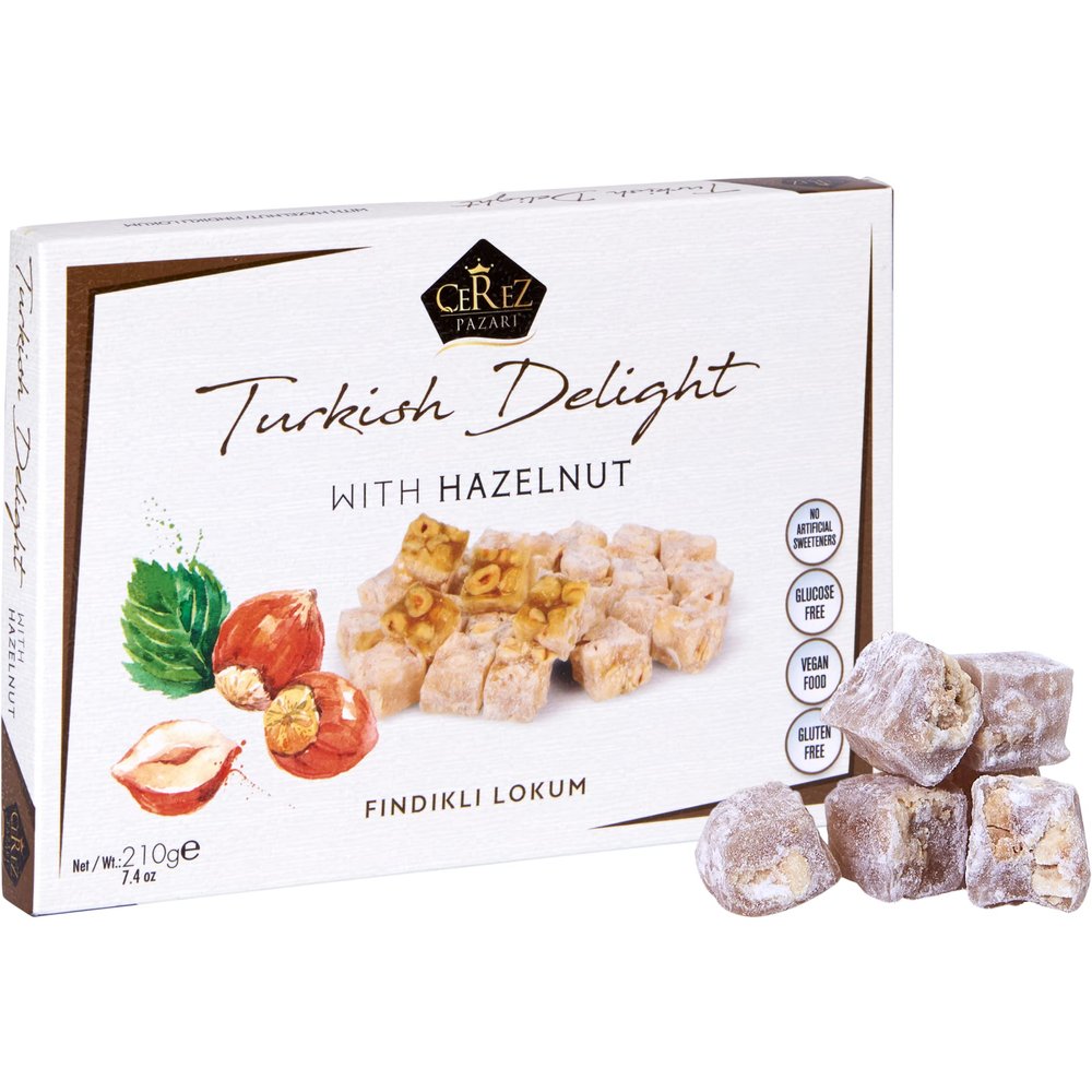 Cerez Pazari Turkish Delight Hazelnut Candy Gourmet Premium Vegan Sweets Small Gift Box 210g, Luxury Traditional Soft Confectionery Lokum (Loukoumi), Small Size Snacks