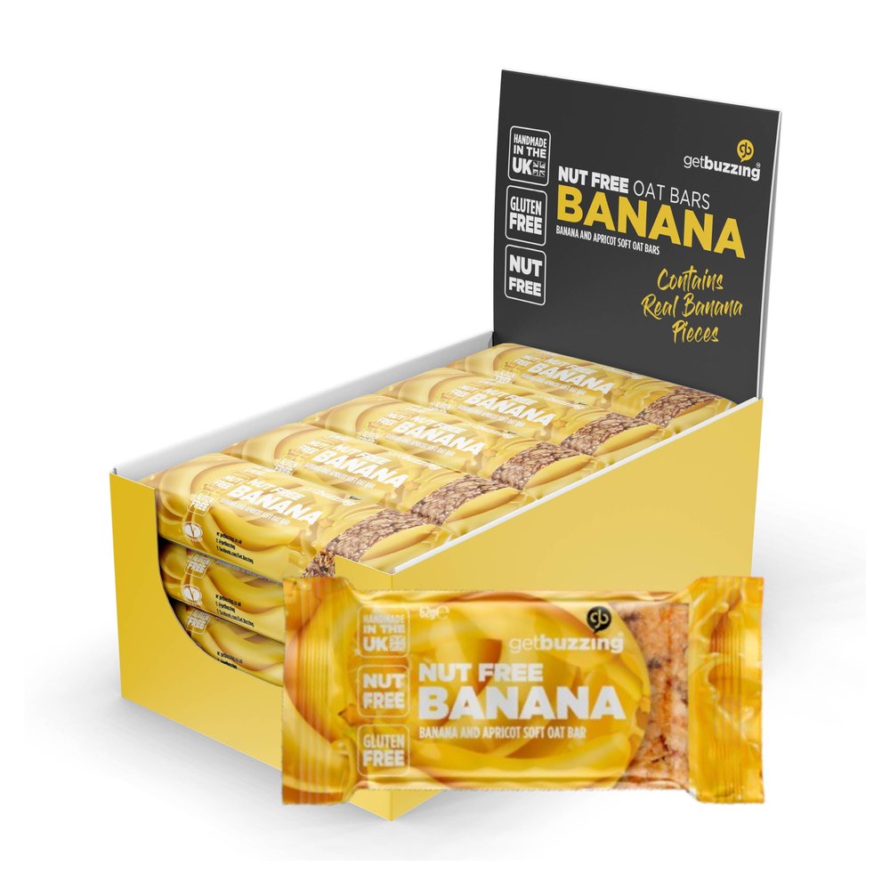 Getbuzzing Nut Free Oat Flapjack Bars with Nutrition Benefits Gluten Free Healthy Endurance Snack with Natural Ingredients, High Fibre & School Safe 20 x 62g Pack Banana - Sports & Cycling