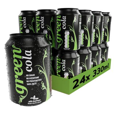 Green Cola Zero Calorie Soft Drink  Sugar-Free Fizzy Drinks with Stevia & Natural Caffeine  No Aspartame, Low Calorie Cans of Pop 24 Pack (330ml x 24)
