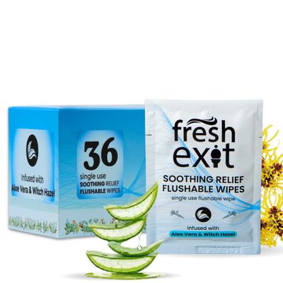 FreshExit Flushable Hemorrhoid Wipes  36 Count  Individually Wrapped with Witch Hazel & Aloe Vera, Large Discreet Travel Wipes for Adults, Soothing & Gentle on Skin