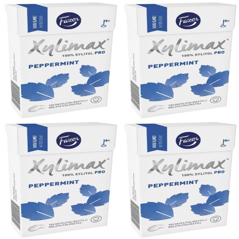 4 Boxes x 38g of Fazer Xylimax Peppermint - Original - Finnish - 100% Xylitol - Pastilles - Drops - Dragees - Sweets - Candies