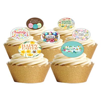 24 Precut Happy Easter Themed Edible Wafer Paper Cake Toppers Decorations