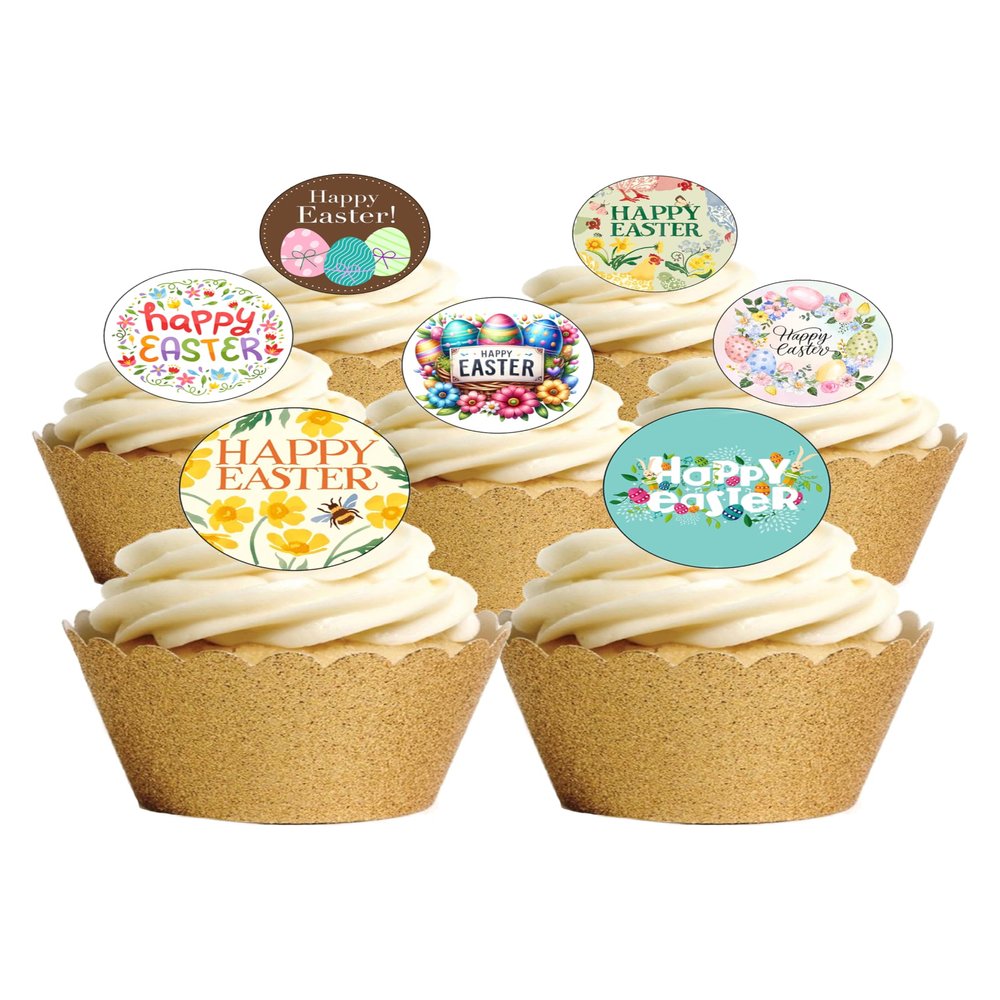24 Precut Happy Easter Themed Edible Wafer Paper Cake Toppers Decorations
