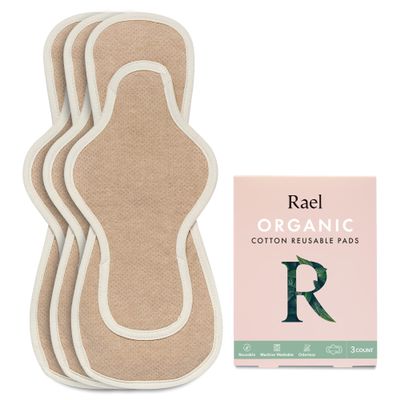 Rael Organic Cotton Cover Reusable Pads Thin Cloth Pads, Leak Free, Washing Machine Safe, Menstrual Pads with Wings (3 Count, Overnight)