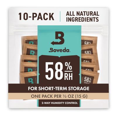 Boveda 58% Two-Way Humidity Control Packs for Storing  oz  Size 4  10 Pack  Moisture Absorbers for Small Storage Containers  Humidifier Packs  Hydration Packets in Resealable Bag