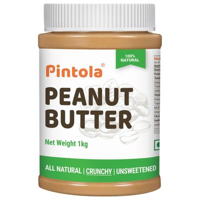 Pintola All Natural Peanut Butter Crunchy 1kg | Unsweetened | 30g Protein | No Palm Oil, Natural, No Added Sugar, Vegan and Single Origin Peanuts | sugar free peanut butter | 100% Pure | Nut Butter