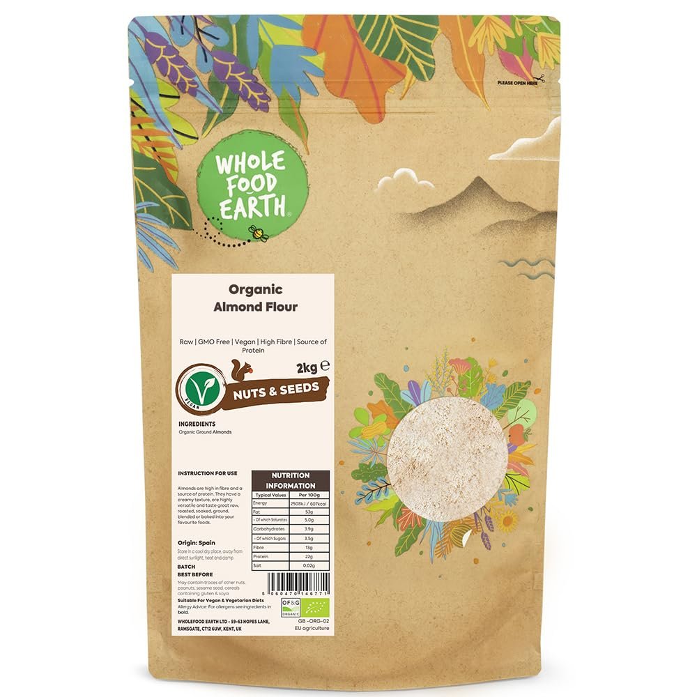 Wholefood Earth Organic Ground Almonds 2 kg | Raw | GMO Free | Vegan | High Fibre | Source of Protein | Certified Organic
