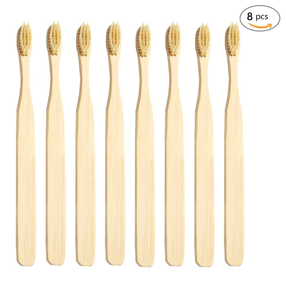 Bamboo Toothbrush - Biodegradable Toothbrushes,Genkent Natural Bamboo Toothbrush - Made from Nylon Bristles & Solid Bamboo Handle, Light Yellow (8 PACK)