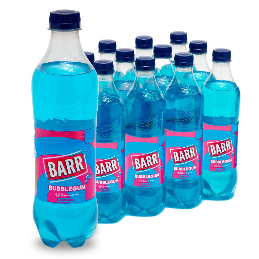 BARR 12 Pack Blue Bubblegum, Zero No Sugar Flavoured Fizzy Drink, Sparkling Fizzy Pop, 12 x 500ml Bottles