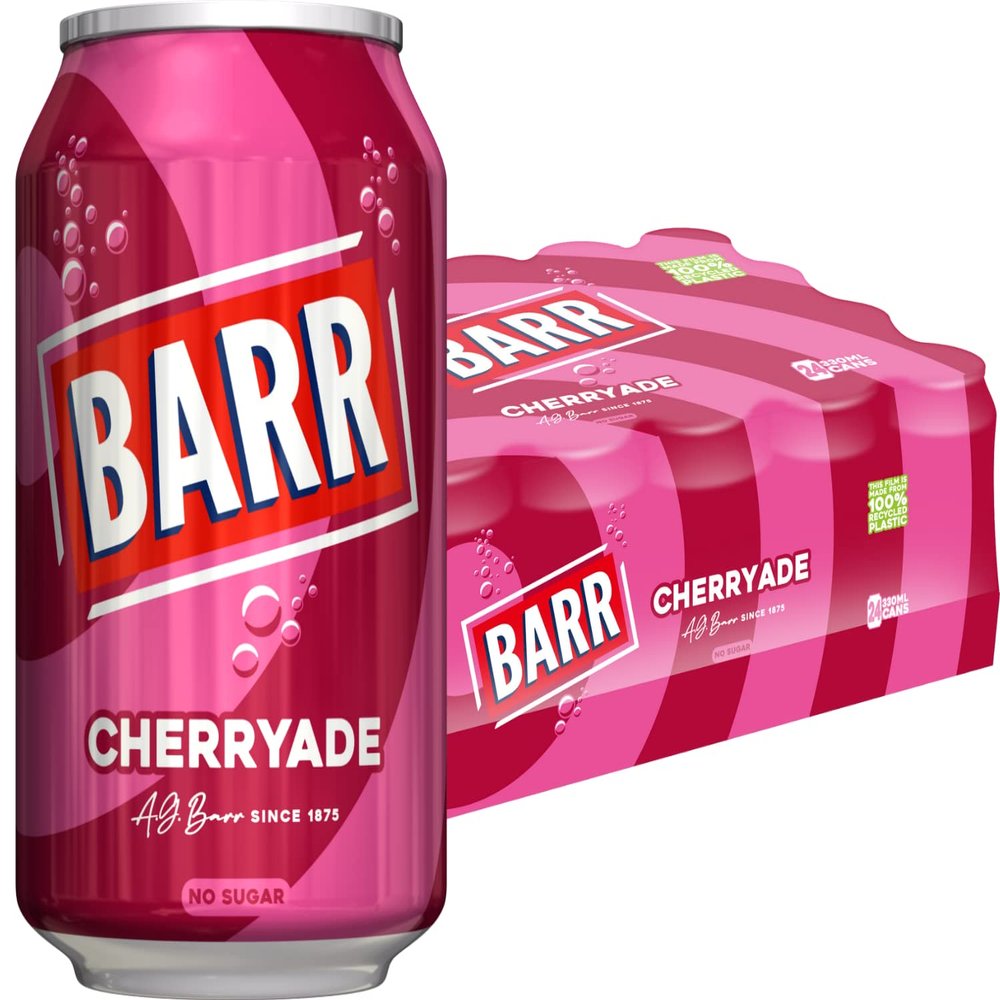 BARR 24 Pack Cherryade, Zero No Sugar Cherry Flavoured Fizzy Drink Cans, Sparkling Fizzy Pop, 24 x 330ml Cans