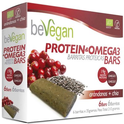 BEVEGAN BARRITAS PROTEICAS-ANTIOX arandano+chia 6uds. BIO light snack to take anywhere, set of 6 pieces, convenient to take in a bag or school bag and combines practical functionality and s