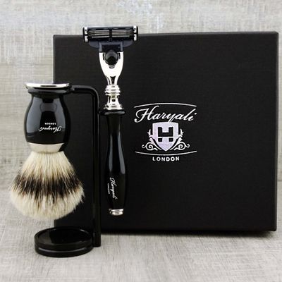 3 Piece Classic Men's Shaving Set in Black Featuring Silver Tip Brush & 3 Edge Razor with Dual Stand. Perfect as a Gift.