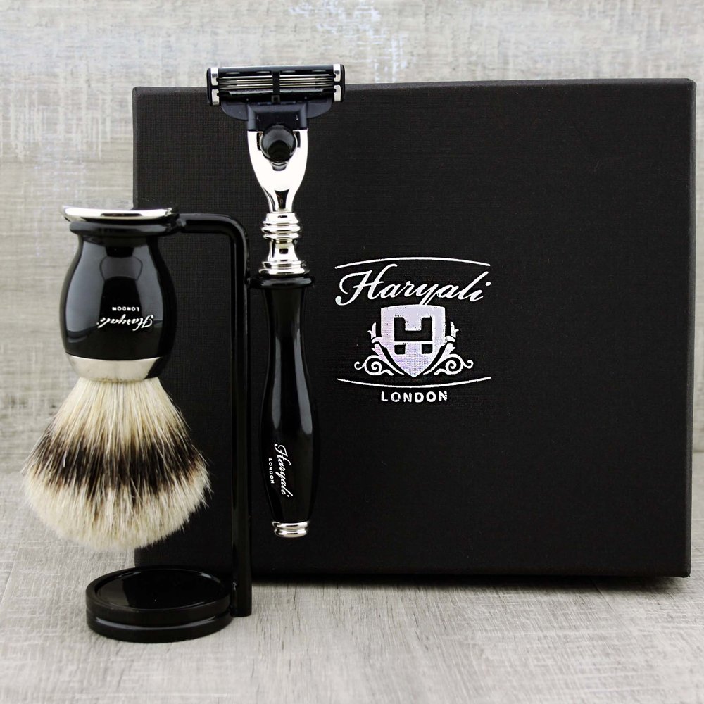 3 Piece Classic Men's Shaving Set in Black Featuring Silver Tip Brush & 3 Edge Razor with Dual Stand. Perfect as a Gift.