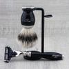 3 Piece Classic Men's Shaving Set in Black Featuring Silver Tip Brush & 3 Edge Razor with Dual Stand. Perfect as a Gift. view 2