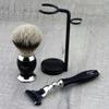 3 Piece Classic Men's Shaving Set in Black Featuring Silver Tip Brush & 3 Edge Razor with Dual Stand. Perfect as a Gift. view 4