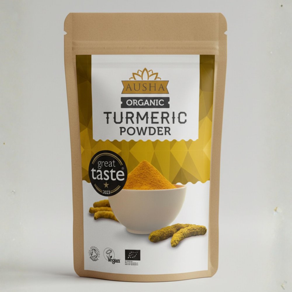 Ausha Organic Turmeric Powder 500g - UK Certified Organic by Soil Association - Cooking, Turmeric Shot, Latte - 1* Great Taste Award 2023 - Curcumin