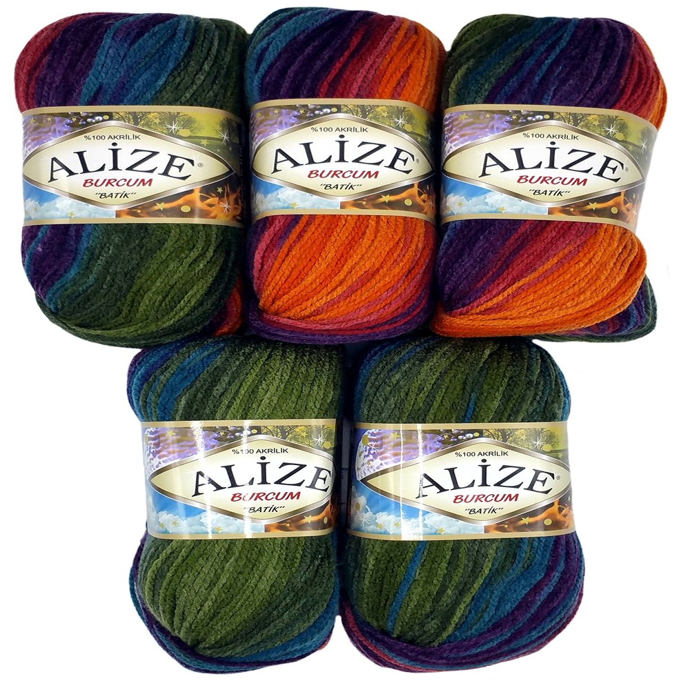 Alize 5 Packs of 100g Burcum Tie Dye Wool Purple Orange Blue Green Gradient Color, No. 4827 500 Gram Cotton
