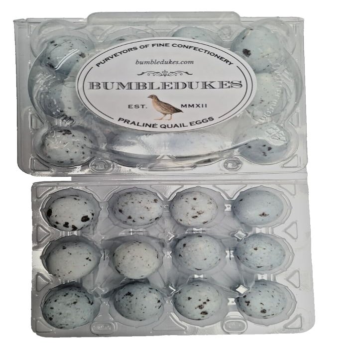 BUMBLEDUKES 24 SCRUMPTIOUS SUGAR COATED BELGIAN PRALINE QUAIL EGGS IN EGG CARTON - CHOCOLATE, LUXURY GIFT