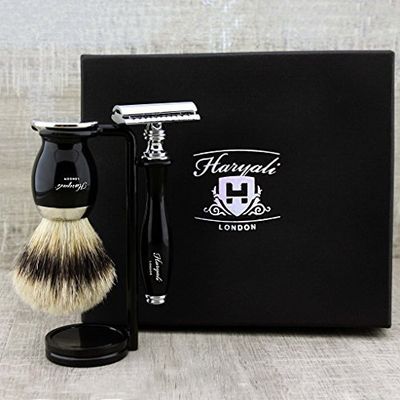 3 Pcs Men's Shaving Set in Black with Pure Sliver tip Brush,Dual Stand & De Safety Razor. Perfect Set for Everyday Use.
