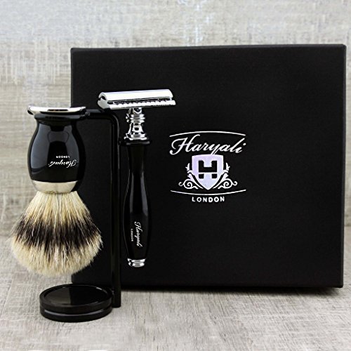 3 Pcs Men's Shaving Set in Black with Pure Sliver tip Brush,Dual Stand & De Safety Razor. Perfect Set for Everyday Use.