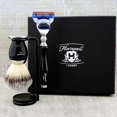 3 Piece Classic Men's Shaving Set in Black Featuring Synthetic Brush & 5 Edge Razor