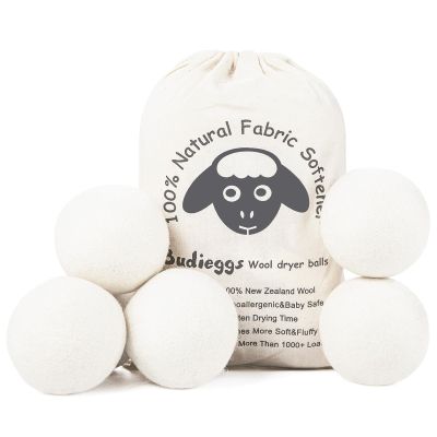 Budieggs Wool Dryer Balls Organic XL 6-Pack, 100% New Zealand Chemical Free Fabric Softener for 1000+ Loads, Baby Safe & Hypoallergenic, Reduce Wrinkles & Shorten Drying Time Naturally