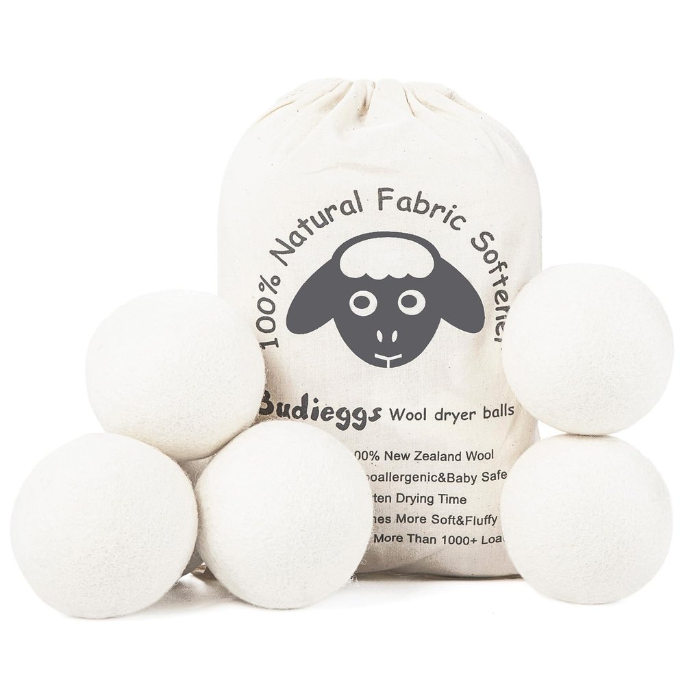 Budieggs Wool Dryer Balls Organic XL 6-Pack, 100% New Zealand Chemical Free Fabric Softener for 1000+ Loads, Baby Safe & Hypoallergenic, Reduce Wrinkles & Shorten Drying Time Naturally