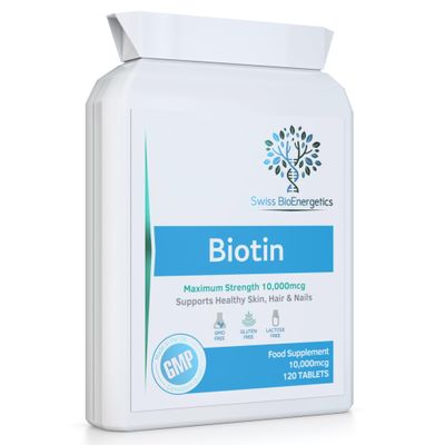 Biotin 10,000 mcg 120 Tablets Exclusively Maximum Strength D-Biotin, The only Natural Form with Full Vitamin B7 Activity - Support for Healthy Hair Growth, Skin and Nails - UK Made to cGMP Code