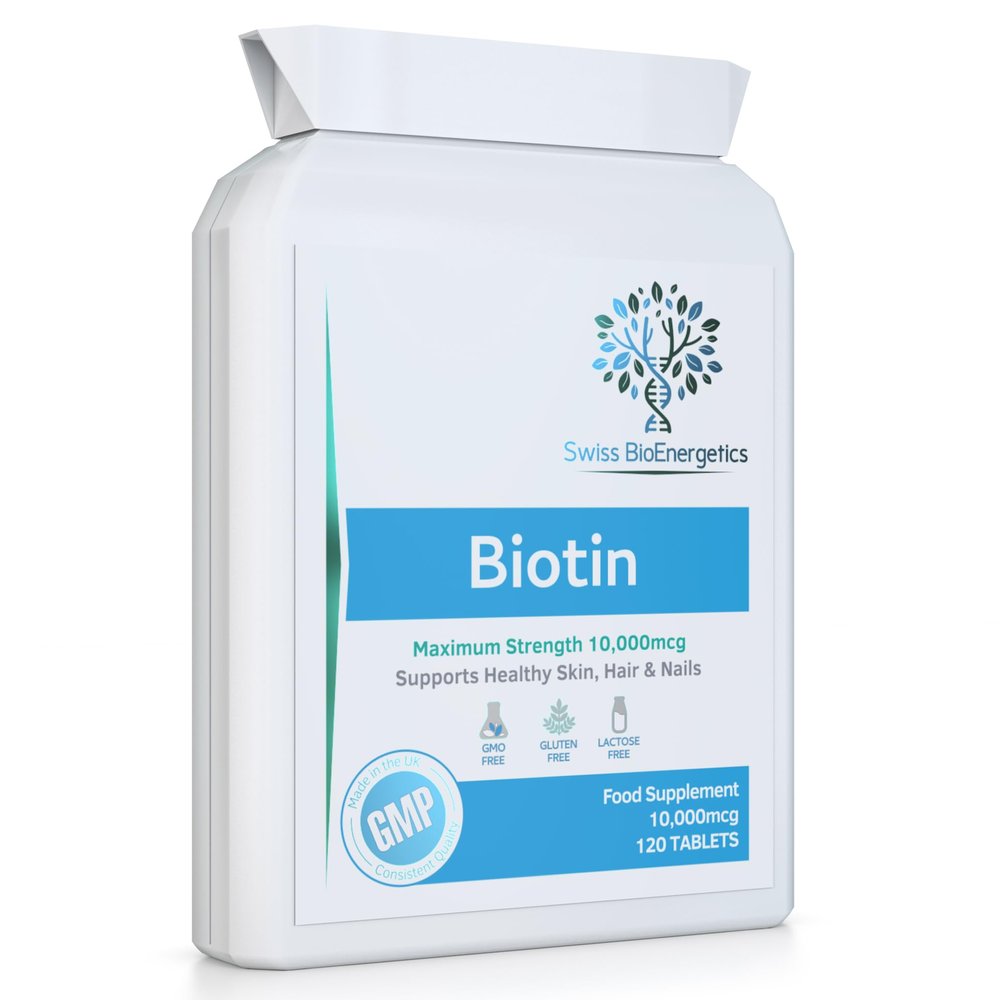 Biotin 10,000 mcg 120 Tablets Exclusively Maximum Strength D-Biotin, The only Natural Form with Full Vitamin B7 Activity - Support for Healthy Hair Growth, Skin and Nails - UK Made to cGMP Code
