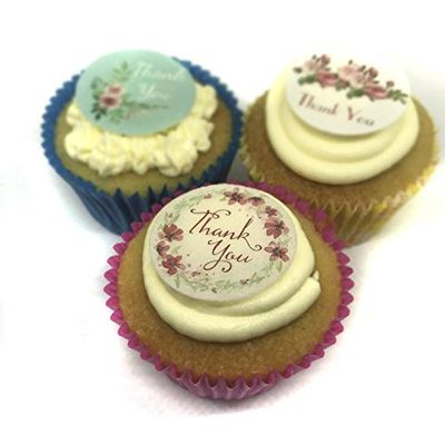 24 Precut Vintage Flower THANK YOU Edible Wafer Paper Cake Toppers Decorations