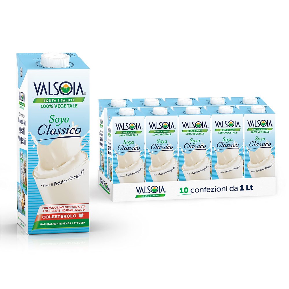 Valsoia - Classic Flavour Soy Drink, Box of 10 Tetra Brik 1000 ml, 100% Vegetable, Lactose and Gluten Free, Source of Vegetable Protein, Also Ideal for Vegans, Vegetarians and Celiacs