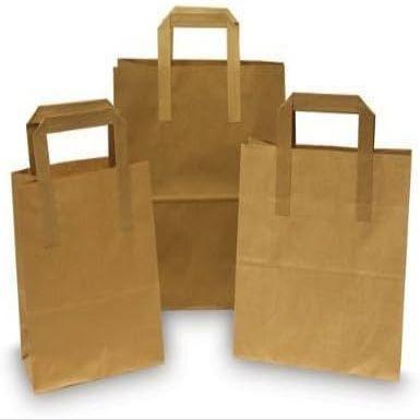 150 x Brown Paper Take Away Food Bag with Flat Handle - Fast Food Carrier Bag (Small (18cm x 21.5cm x 7.6cm))