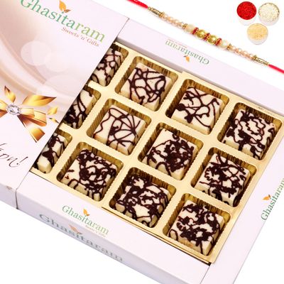 Ghasitaram Gifts Rakhi Gifts for Brothers Rakhi Chocolate Marble Chocolate Box (12 pcs) with Pearl Rakhi