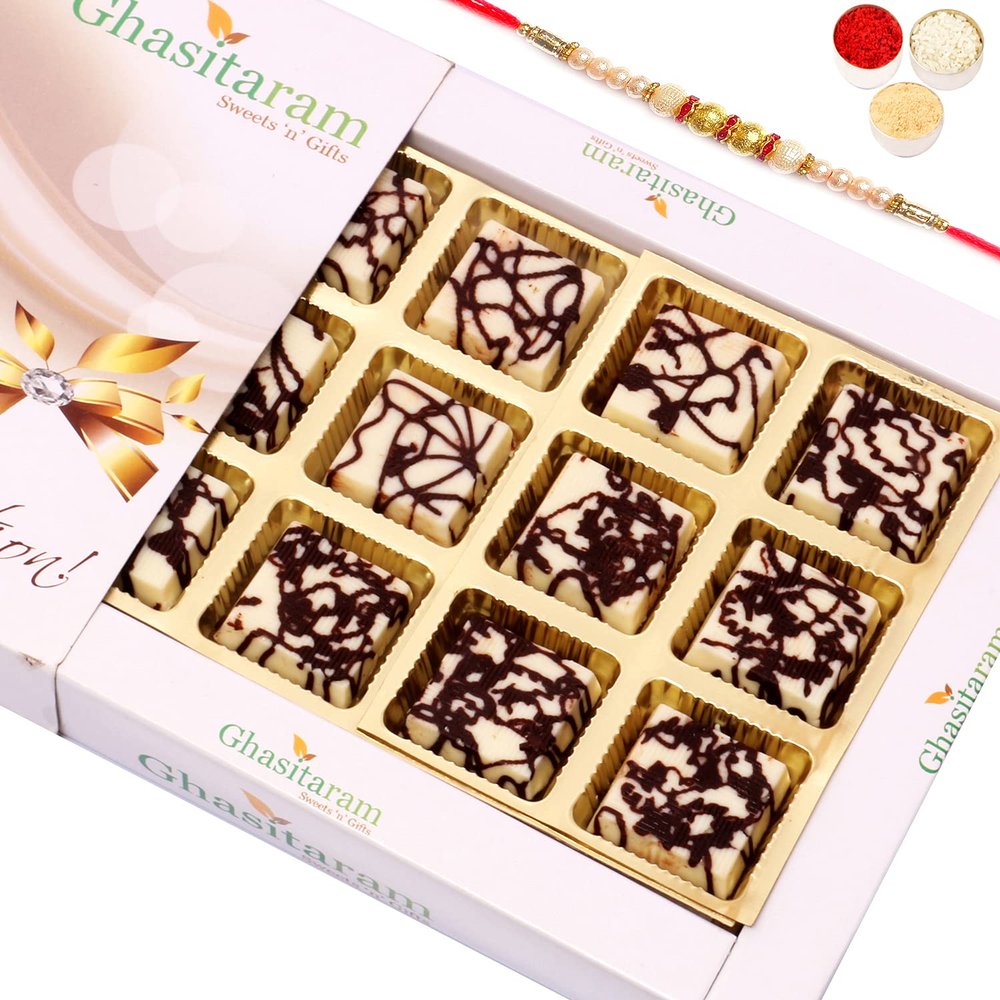 Ghasitaram Gifts Rakhi Gifts for Brothers Rakhi Chocolate Marble Chocolate Box (12 pcs) with Pearl Rakhi