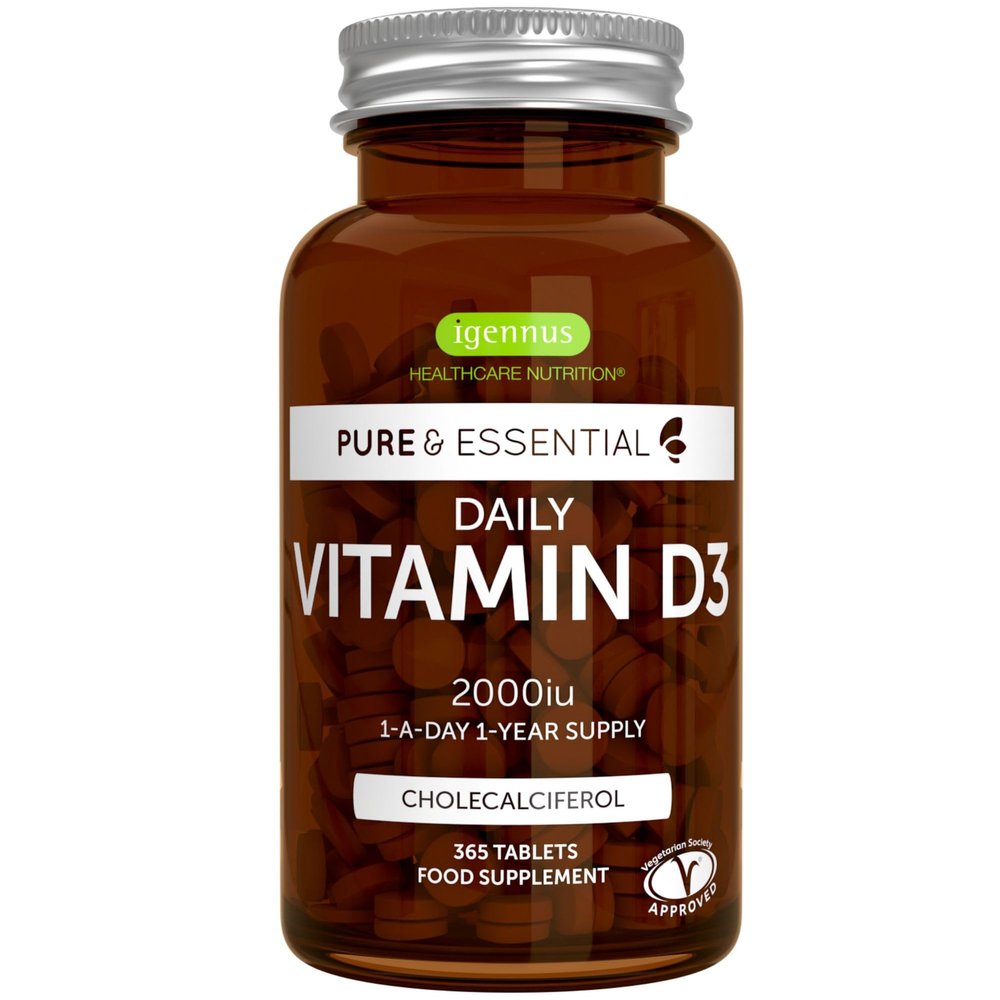 Igennus Pure Vitamin D3 2000iu, Clean Label, 365 Small Tablets, 1-Year Supply, Vegetarian High Absorption Cholecalciferol Vitamin D Supplement