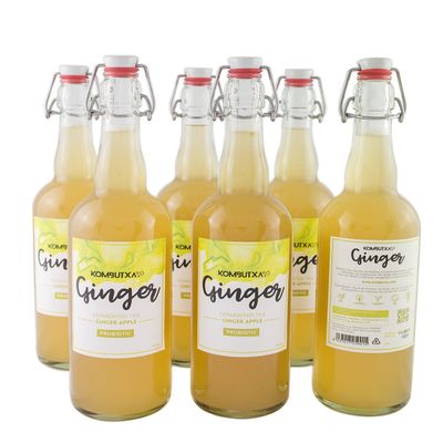 Box of 6 Units of Premium Kombucha Tea: 6 x Kombucha Ginger Tea (Ginger and Apple)  750 ml