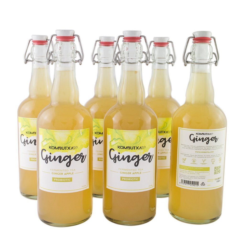 Box of 6 Units of Premium Kombucha Tea: 6 x Kombucha Ginger Tea (Ginger and Apple)  750 ml