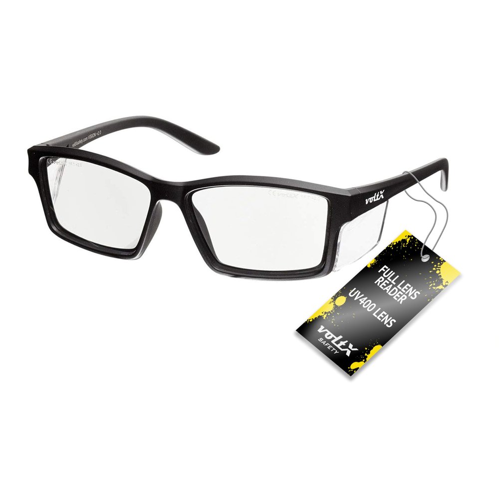 voltX 'VISION' Safety Readers, Full Lens Magnified Reading Safety Glasses CE EN166ft certified (+1.5 Dioptre, Clear lens) - Anti fog coated UV400 lens