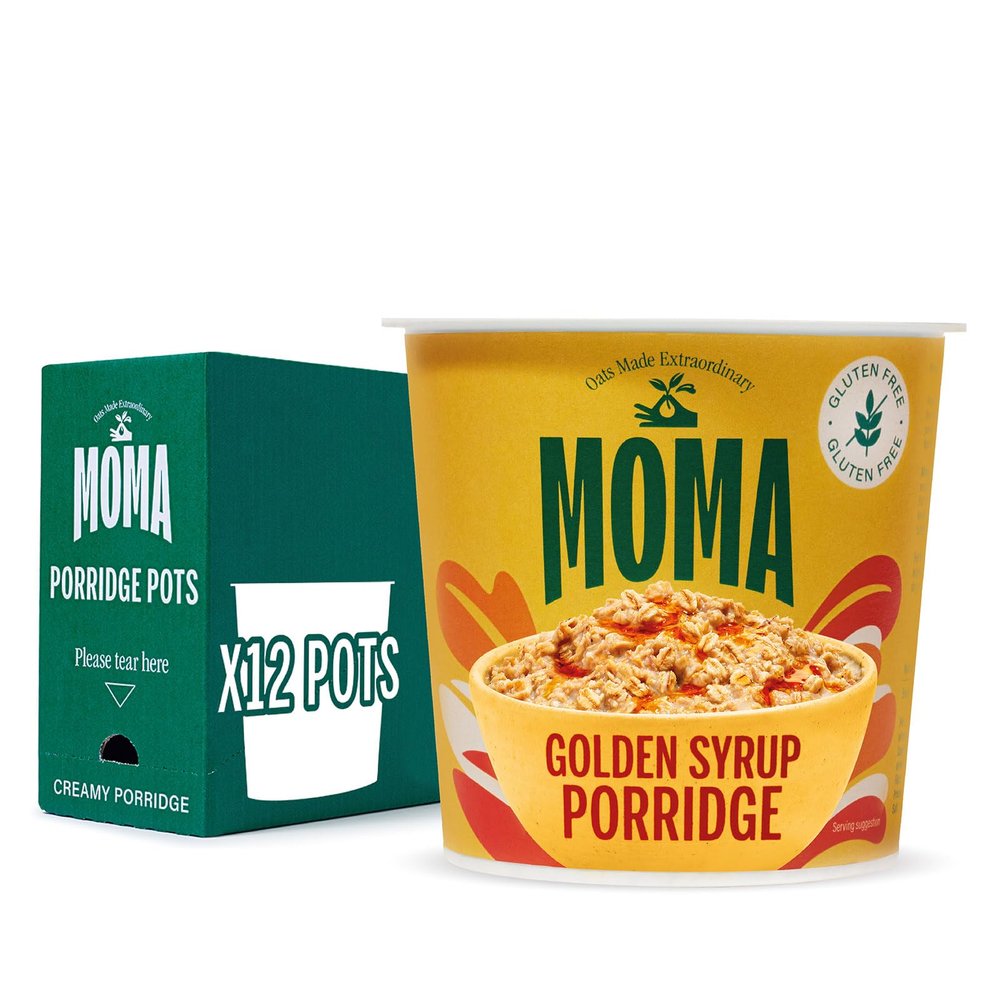 MOMA Instant Porridge Pots GOLDEN SYRUP - Pack of 12 x 70g - Breakfast Jumbo Oat with natural flavouring - Gluten Free, Vegetarian, High in Fibre, Source of Protein & Rich in Vitamin B6 - Made in UK