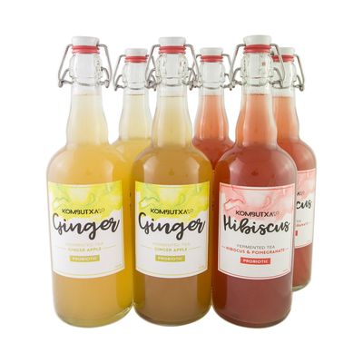 KOMBUTXA TEA ORGANIC KOMBUCHA -3ud Ginger and Apple and 3ud Hibiscus and Pomegranate 750ml Bio organic fermented tea energetic fat-burning without added sugar isotonic hangover fat-burning