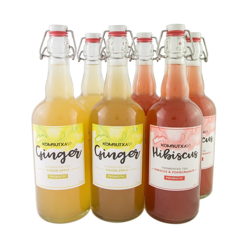 KOMBUTXA TEA ORGANIC KOMBUCHA -3ud Ginger and Apple and 3ud Hibiscus and Pomegranate 750ml Bio organic fermented tea energetic fat-burning without added sugar isotonic hangover fat-burning