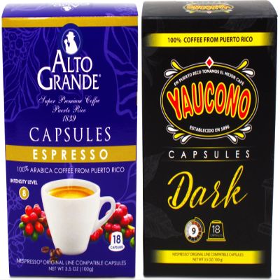 Alto Grande, Yaucono Puerto Rico Coffee Capsule for Nespresso Machine 2 Box Bundle (1 of each) Dark Brown