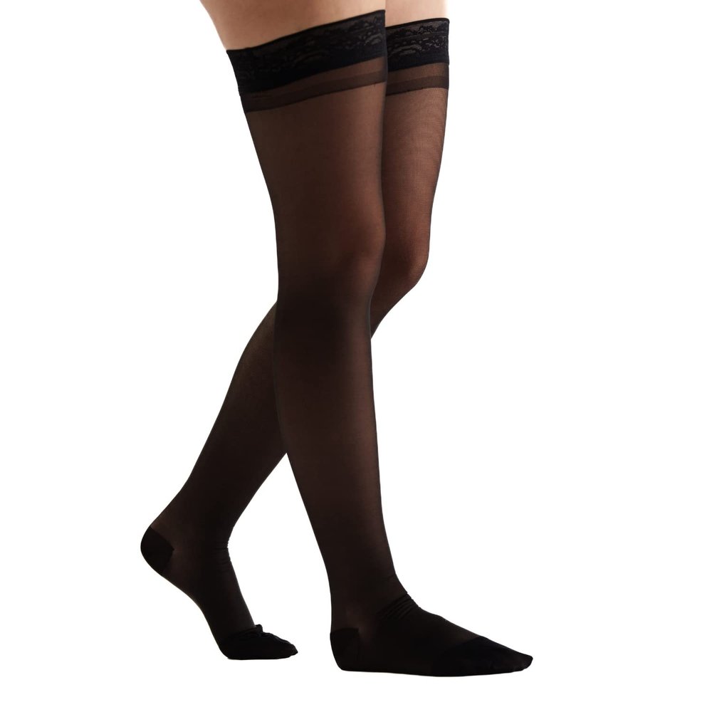 EvoNation Women's USA Made Thigh High Graduated Compression Stockings 20-30 mmHg Firm Pressure Ladies Sheer Socks Lace Top Quality Support Hose - Best Comfort Circulation (Medium, Black)