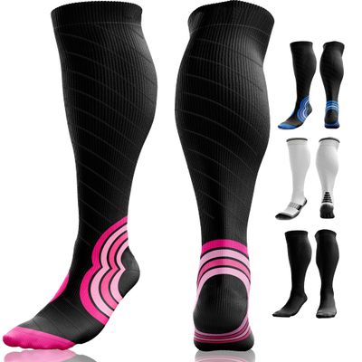 aZengear Compression Socks (20-30mmHg) Anti DVT Air Flying Knee-High Flight Travel Stockings, Swollen Legs, Varicose Veins, Running, Shin Splints Calf Pressure Support, Sports (Black w/Pink, S/M)