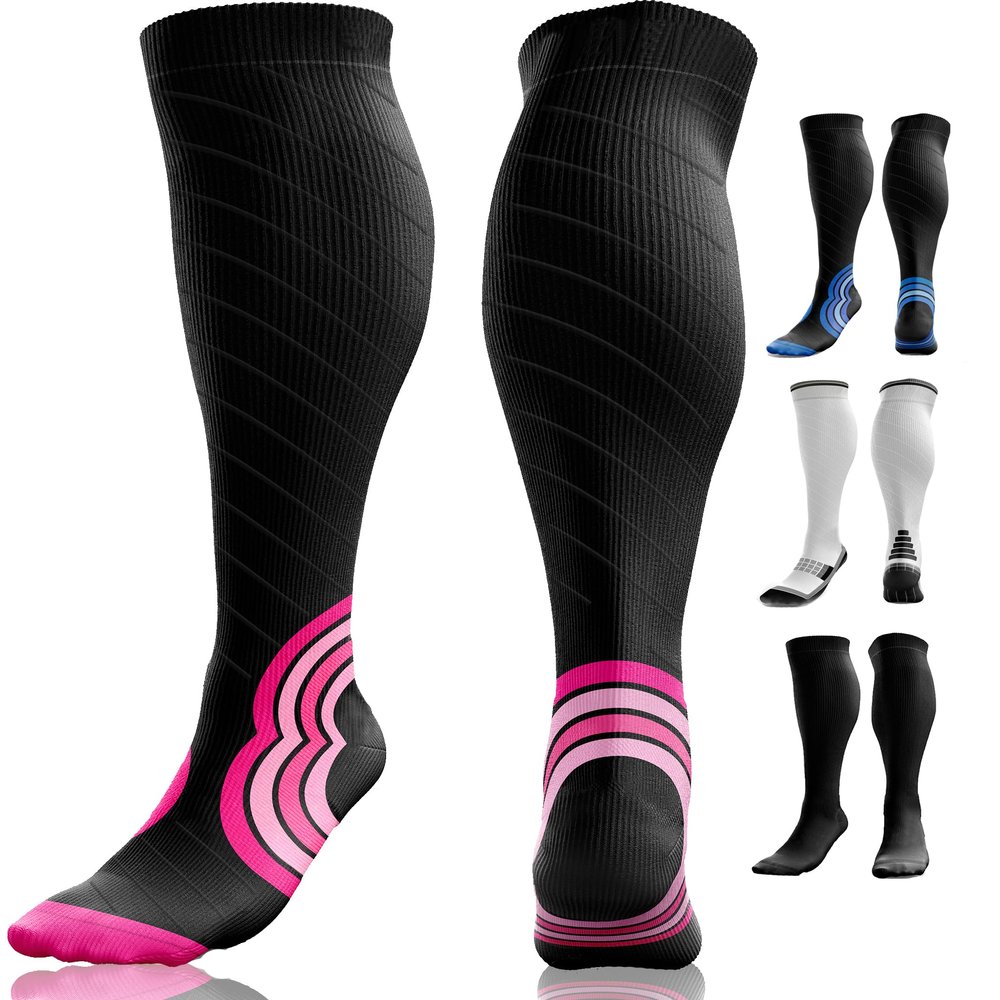 aZengear Compression Socks (20-30mmHg) Anti DVT Air Flying Knee-High Flight Travel Stockings, Swollen Legs, Varicose Veins, Running, Shin Splints Calf Pressure Support, Sports (Black w/Pink, S/M)