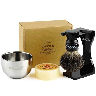 Anbbas Black Badger Hair Shaving Brush Resin Handle and Acrylic Thicken Shaving Stand,Stainless Steel Shaving Bowl and Goat Milk Soap 4in1 Shaving Set for Men Wet Shave Gift