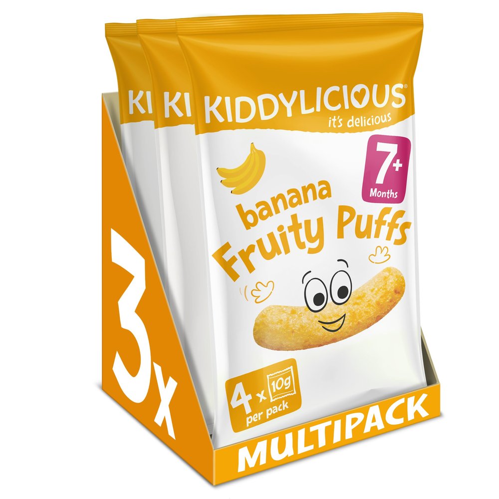 Kiddylicious Banana Fruity Puffs - Delicious Snacks for Kids - Suitable for 7+ Months - 3 Packs of 4 (12 Total)