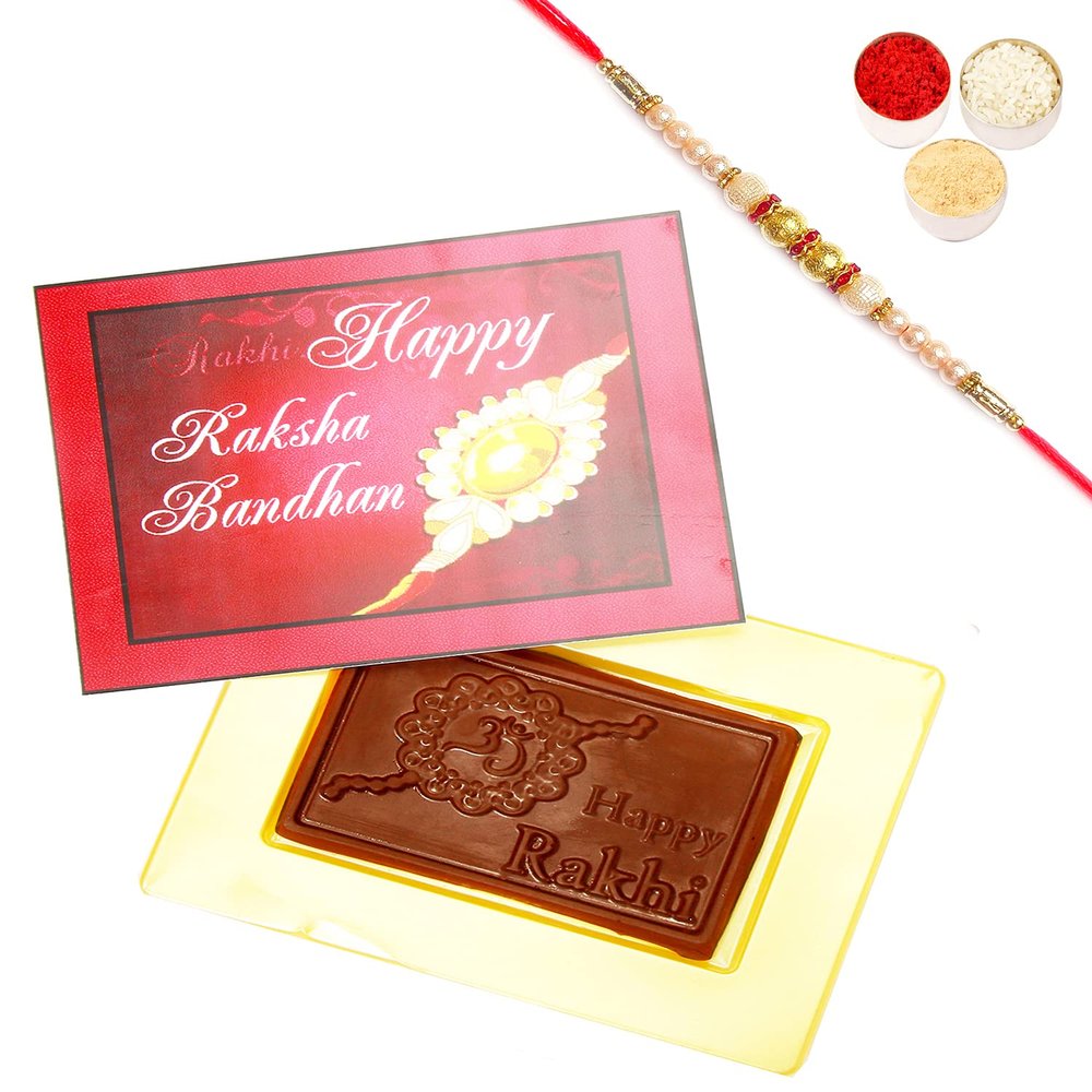 Ghasitaram Gifts Rakhi Gifts for Brothers Rakhi Sugafree Chocolates-Happy Rakhi Pink Sugafree Chocolate Box with Pearl Rakhi