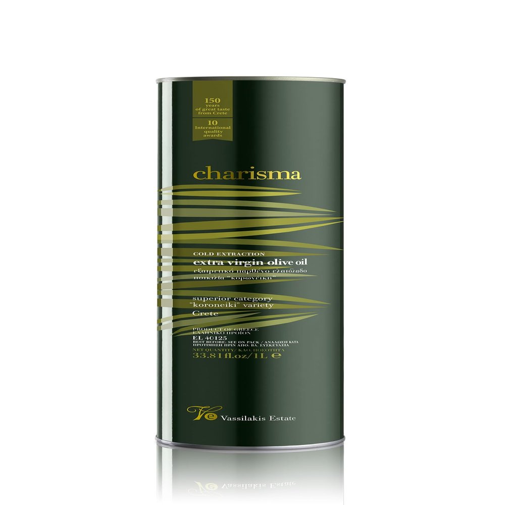 Vassilakis Estate Charisma  Greek Extra Virgin Olive Oil from Crete  1L Tin  Cold Pressed from Koroneiki Olives  Low Acidity < 0.4%  Family Size EVOO for Daily Use