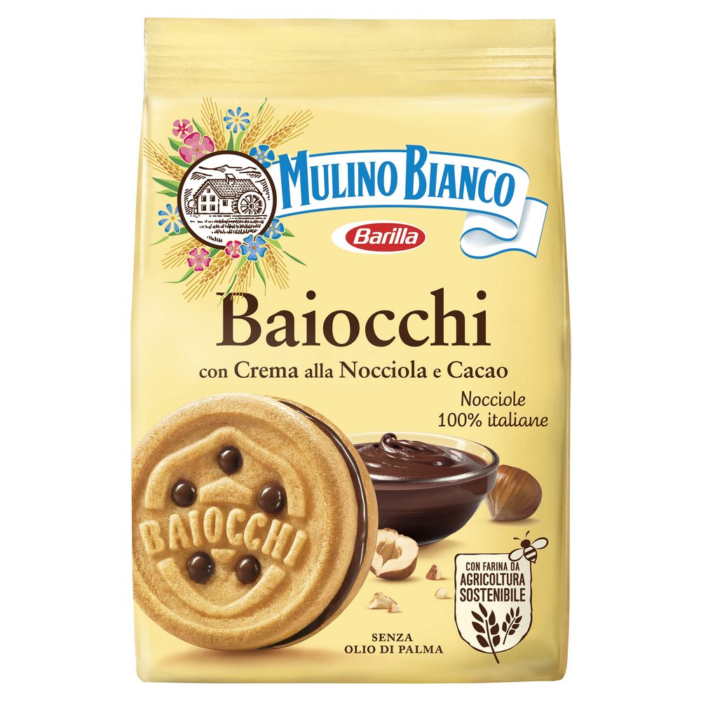 Barilla Mulino Bianco Baiocchi Biscuits, Hazelnut and chocolate filled biscuits, Pack of 10 x 260g